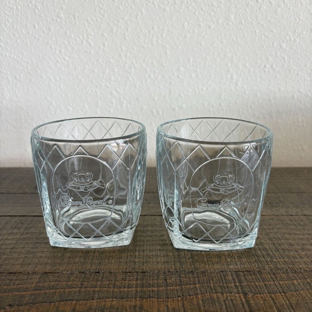 Crown Royal Whiskey Glass Embossed Diamond Low Ball Barware Set of 2 Glasses